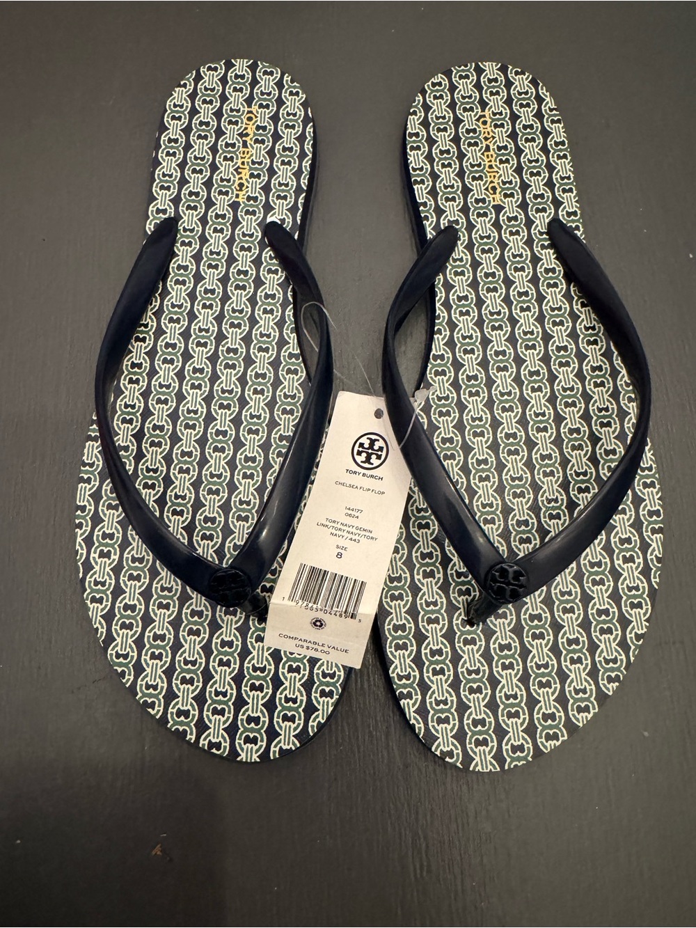Tory Burch Navy and White Patterned Thong Sandals